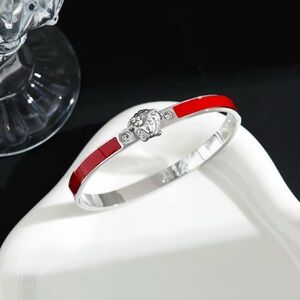 18K White Gold Medusa Head Red Oil Drip Stackable Diamond Inlay Bracelet No Fade